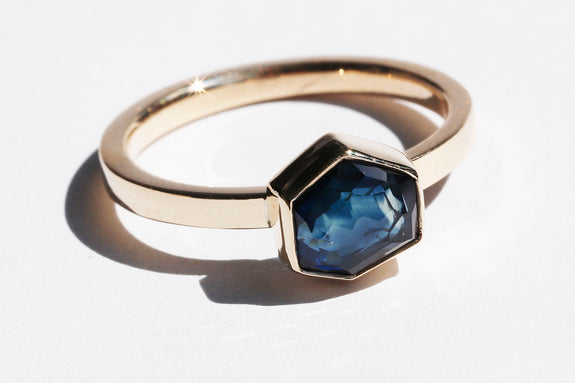 2 Carat Tranquil Seas Blue Hand-Cut Montana Sapphire Ring in Yellow Gold