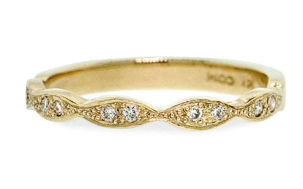 Scalloped Wedding Band with White Diamonds worn by model