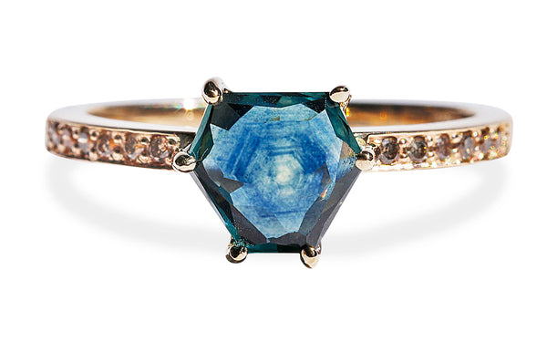 2.08 Carat Teal/Blue Hand-Cut Montana Sapphire Ring in Yellow Gold