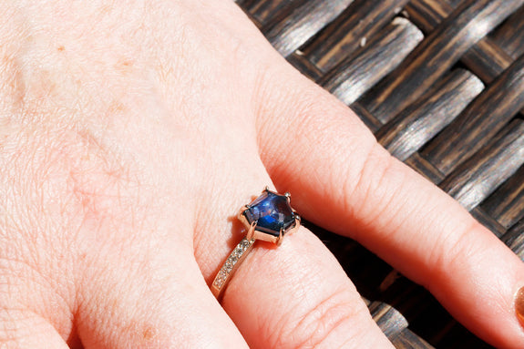 2.6 Carat Lakelet Blue Hand-Cut Montana Sapphire Ring in Yellow Gold