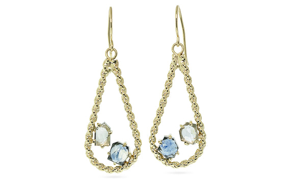 14 karat yellow gold drop style earrings with one light blue and one darker blue Montana sapphire totaling 2.26 carats on white background