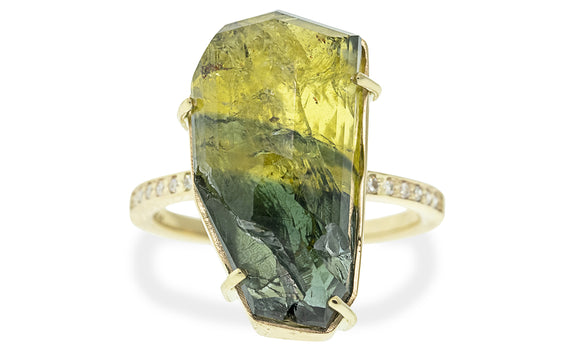 19.32 carat double cut green and yellow sapphire ring in 14 karat yellow gold with six white pavé on each shoulder front view on white background