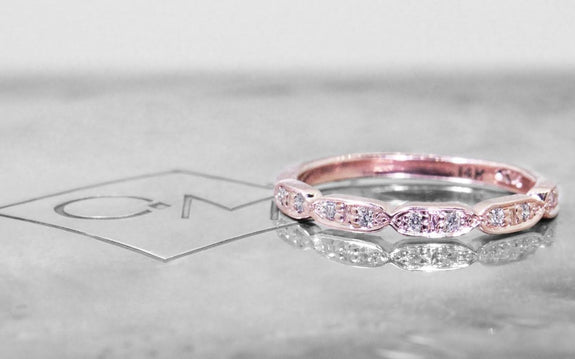 Scalloped Wedding Band with White Diamonds side view on logo